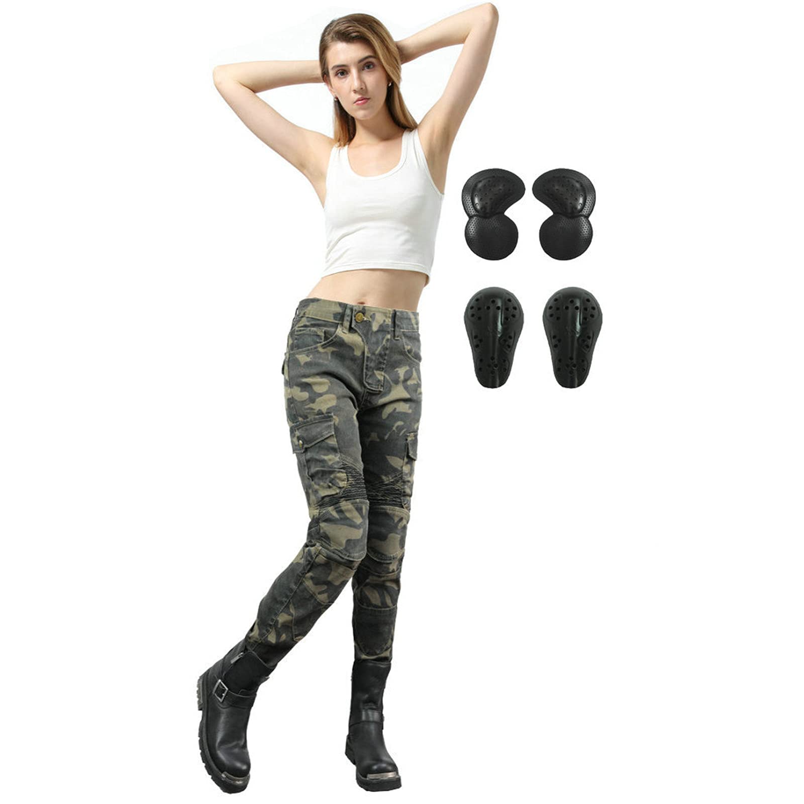 SHAIYOU Damen Motorradhose Jeans,Motorcycle Biker Pants Camouflage Motorrad Hose Motorradrüstung Schutzauskleidung Mit Abnehmbarer Protektoren (Grün,S) von SHAIYOU