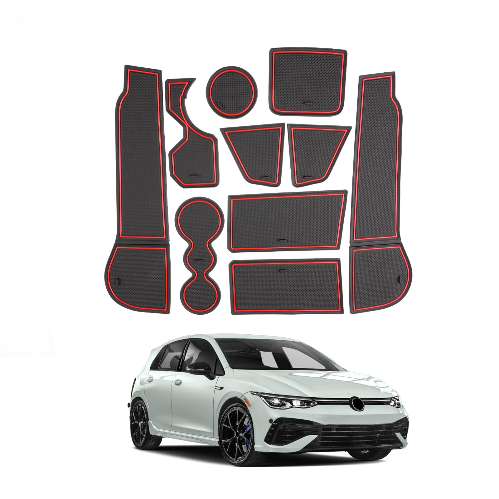 SHAOHAO Kompatibel mit VW Golf 8 MK8 GTE GTI GTD 2020 2021 2022 2023 Gummimatten Mittelkonsole Antirutschmatten, Getränkehaltermatt, Türschlitzmatte Aufbewahrungsbox Rutschfestermatte （Rot） von SHAOHAO