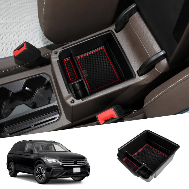 SHAOHAO Kompatibel mit VW Tiguan MK2 AD1 2016-2022 2023 Mittelkonsole Armlehne Aufbewahrungsbox Zubehör Mittelarmlehne Organizer Tray Rot von SHAOHAO