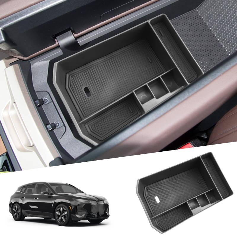 SHAOHAO Kompatibel mit BMW iX xDrive40 xDrive50 M60 2022-2025 Mittelkonsole Armlehne Aufbewahrungsbox Schwarze Matte Mittelarmlehne Organizer Tray, Multifunktionaler BMW iX Zubehör von SHAOHAO