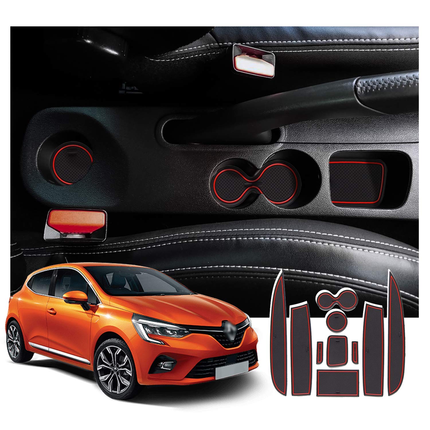 SHAOHAO Kompatibel mit Renault CLIO-4 2013-2018 Gummimatten Anti-Staub rutschfeste Innentür, Tasse, Arm Box, lagerung Matte Innentür Gummimatten(Rot) von SHAOHAO