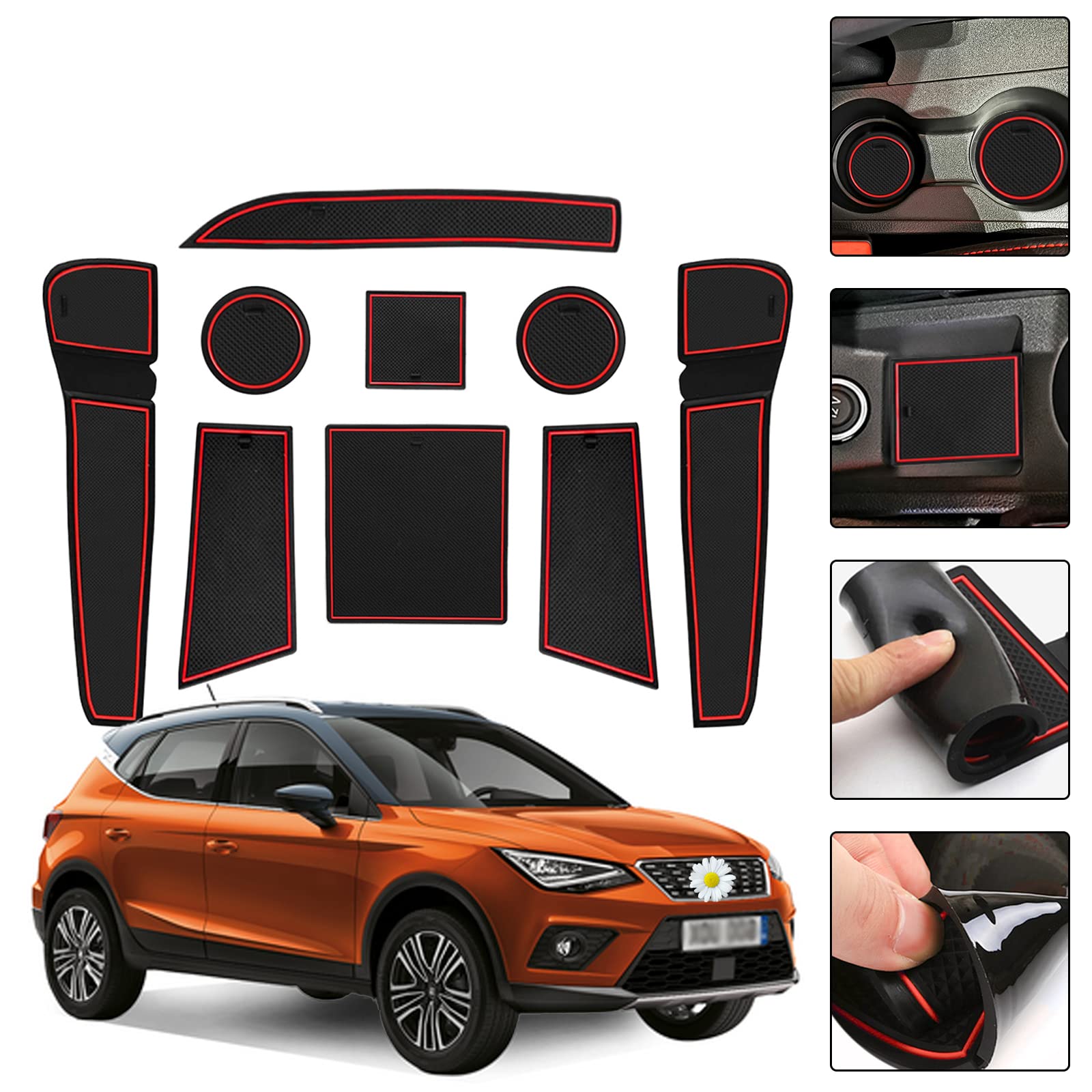 SHAOHAO für SEAT Ibiza 2018-2023/Arona 2017-2023 Gummimatten Anti-Staub rutschfeste Innentür, Tasse, Arm Box, lagerung Matte Innentür Gummimatten（Rot） von SHAOHAO