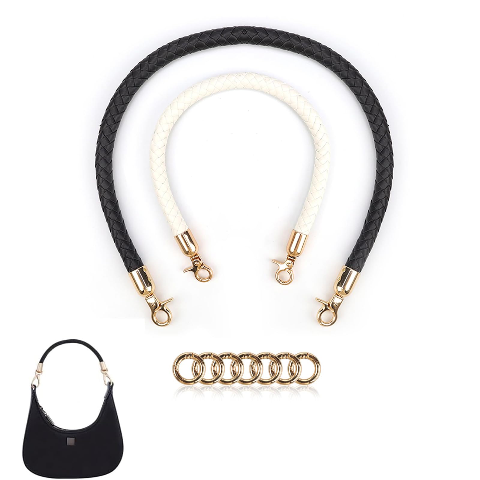 SHENGYIG Henkel für Taschen, 2 Stück Leder Geflochten Taschenhenkel mit Karabiner, mit Rundem Karabiner, Taschenriemen Leder, Weiß 40 cm, Schwarz 60 cm, für Handtaschen, Kamerataschen SHENGYIG Henkel für Taschen, 2 Stück Leder Geflochten Taschenhenkel mit Karabiner, mit Rundem Karabiner, Taschenriemen Leder, Weiß 40 cm, Schwarz 60 cm, für Handtaschen, Kamerataschen von SHENGYIG