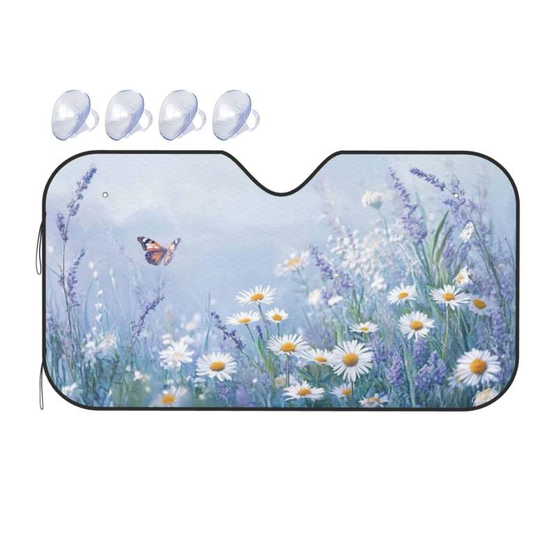 Auto-Sonnenschutz mit Kamille und Schmetterlingen, Gänseblümchen, für Auto, LKW, SUV, blockiert UV-Strahlen, Sonne, 130 x 70 cm von SHFJASBNUMG