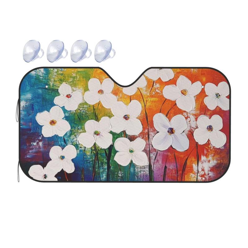 Bunte Sonnenblende mit Gänseblümchen, Wildblumen, Gemälde, Auto-Windschutzscheibe, Wärmedämmung, leicht, einfach zu bedienen, Auto-Sonnenblende für SUV, Limousine und PKW, 140 x 76 cm von SHFJASBNUMG