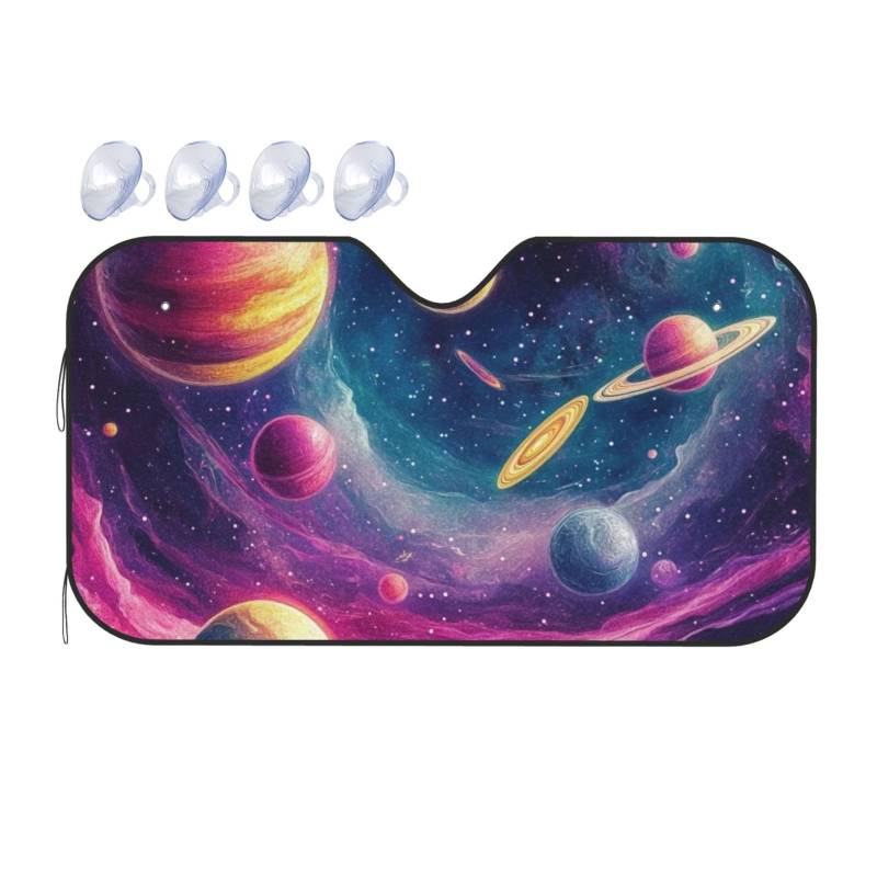 Buntes Sonnensystem, kosmischer Weltraum, Planet, Stern, Auto-Windschutzscheibe, Wärmedämmung, Sonnenschutz, leicht, einfach zu bedienen, Auto-Sonnenblende für SUV, Limousine und PKW, 140 x 76 cm von SHFJASBNUMG