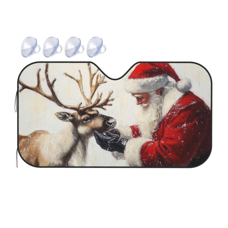 Santa Pets Sonnenblende mit Rentier-Motiv, klassisch, Weihnachtsmann, Wärmedämmung, leicht, einfach zu bedienen, Auto-Sonnenblende für SUV, Limousine und PKW, 140 x 76 cm von SHFJASBNUMG