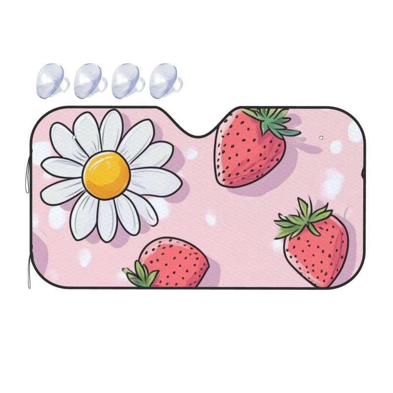 Sonnenblende für die Windschutzscheibe, Wärmedämmung, leicht, einfach zu bedienen, für SUV, Limousine und PKW, 140 x 76 cm, Erdbeer-Gänseblümchen-Rosa von SHFJASBNUMG