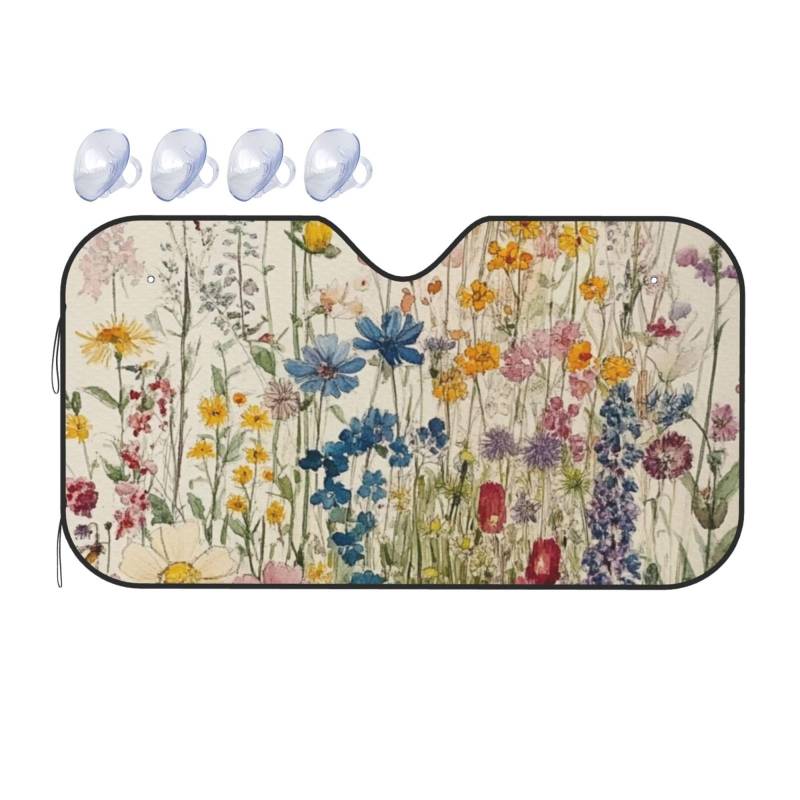 Wildblumenbilder, bunte Pflanzengemälde, Gänseblümchen, Auto-Windschutzscheibe, Wärmedämmung, Sonnenschutz, leicht, einfach zu bedienen, Auto-Sonnenblende für SUV, Limousine und PKW, 140 x 76 cm von SHFJASBNUMG