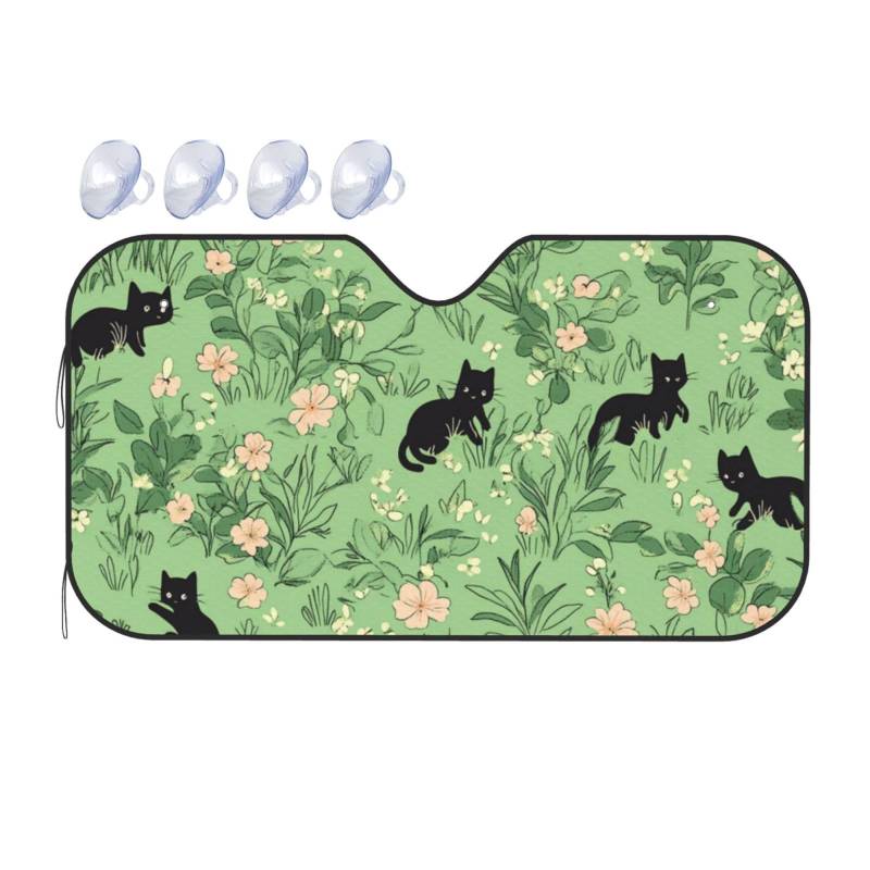 Windschutzscheiben-Wärmedämmung, Sonnenblende für SUV, Limousine und Personenfahrzeuge, Grün, niedliche Pflanze, Kawaii, schwarze Katze, Wärmedämmung, leicht, einfach zu bedienen, 140 x 76 cm von SHFJASBNUMG