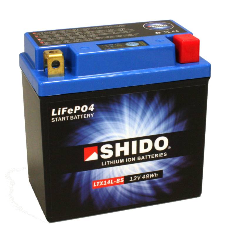 Motorrad Batterie Shido Lithium LTX14L-BS / YTX14L-BS, 12V, CCA: 240A, Maße (mit Adapter): 150x87x145 von Shido