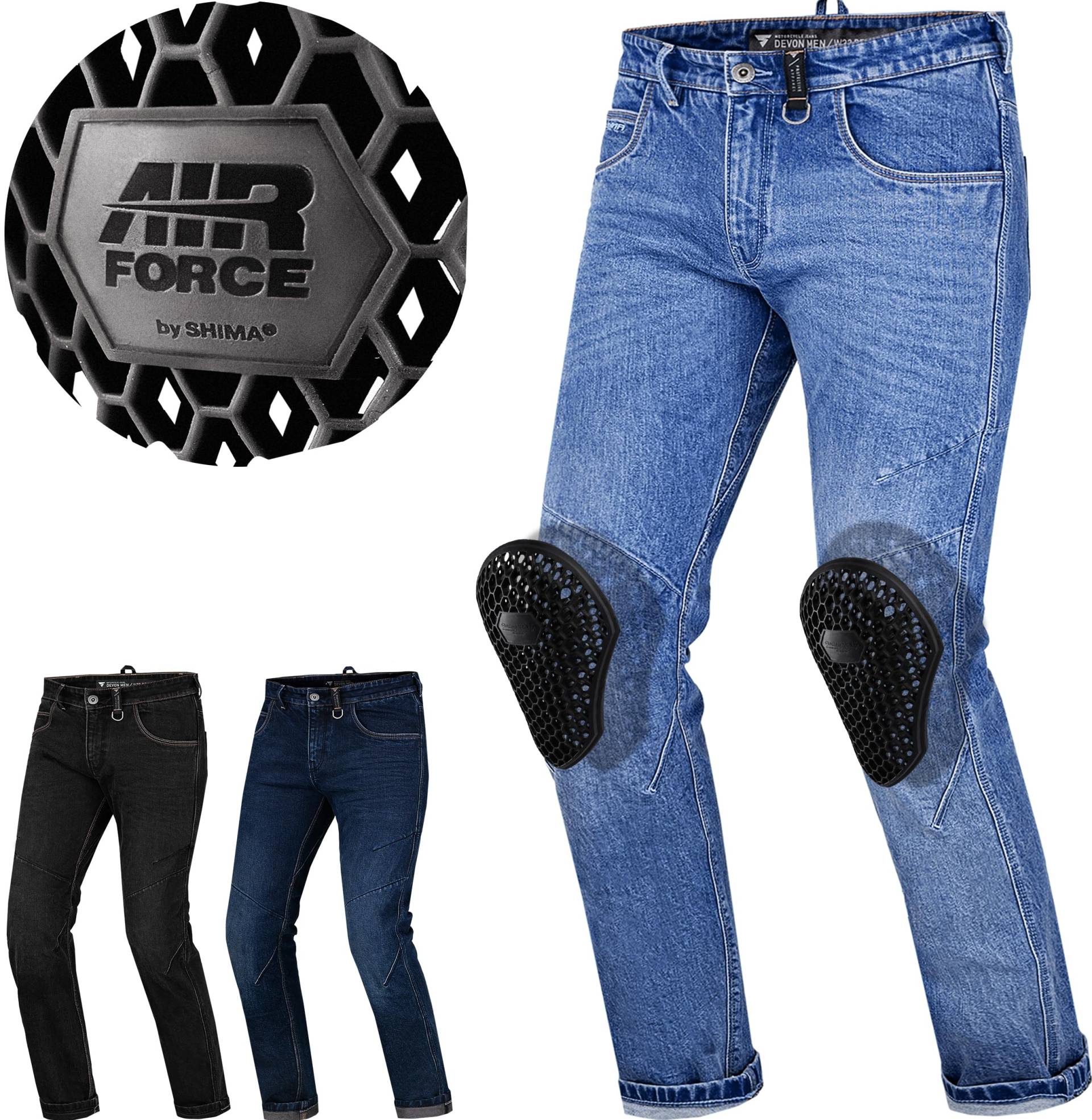 SHIMA DEVON Motorradjeans - Belüftete Elastische Slim Fit Biker Motorradhose mit FiberQL-Verstärkungen, Knie- und Hüftprotektoren (Blau, 38) von SHIMA