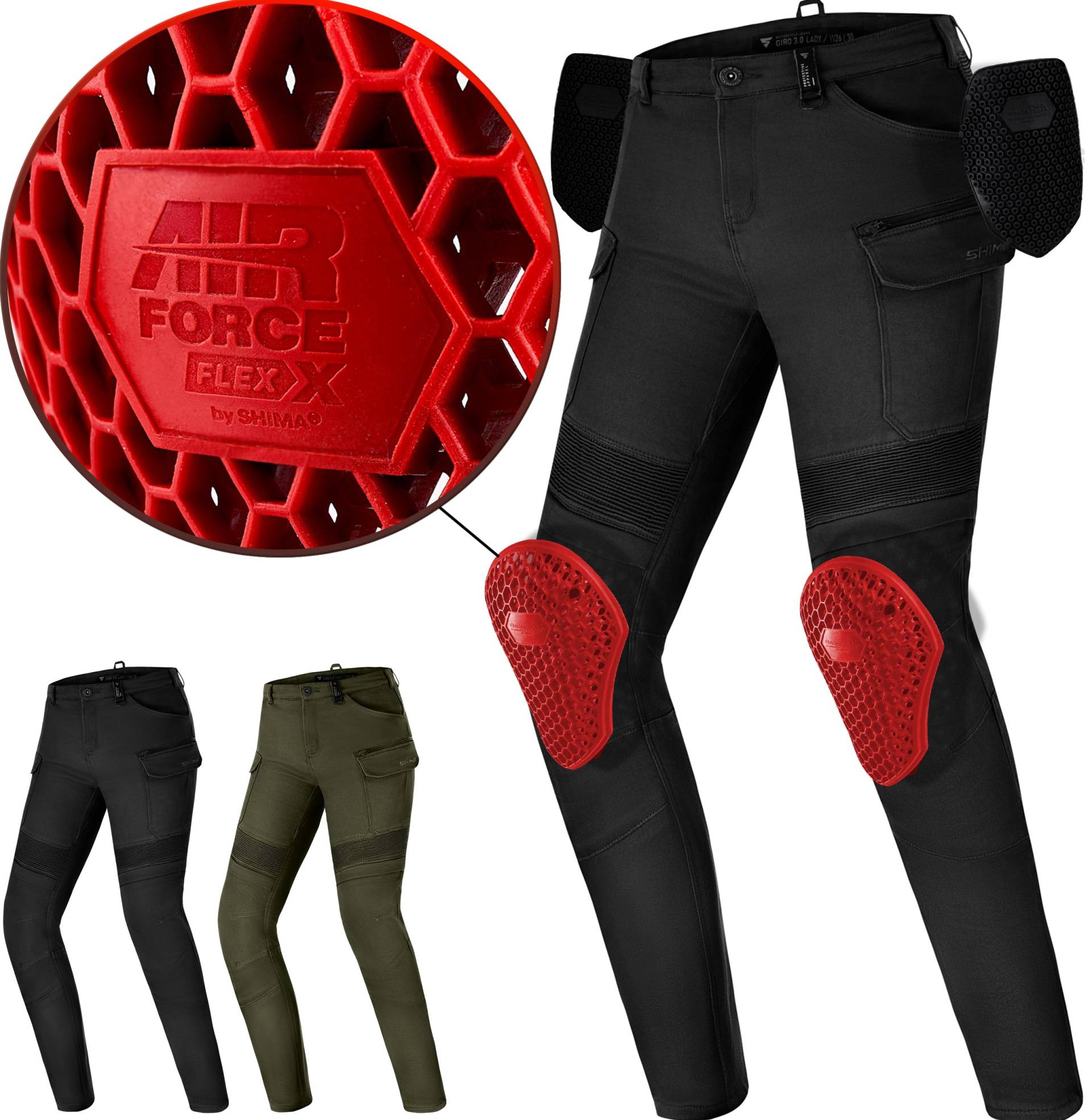 SHIMA Giro Motorrad Hose Damen mit Protektoren Airforce Knieprotektoren Motorradhose Kurzgrößen Hosen für Mann Protektorenhose Textilhose Urban Stretch Cargohose Lang (Frauen, Schwarz, 26/32) von SHIMA
