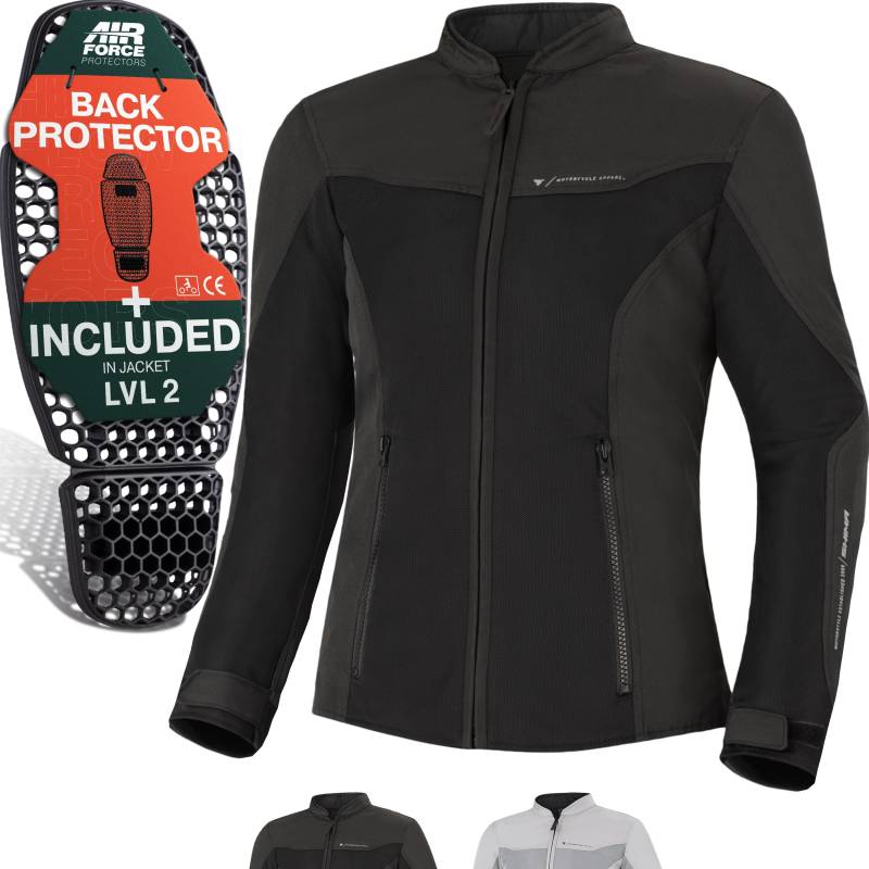 SHIMA OpenAir Motorrad Jacke Damen mit Protektoren AirForce Rückenprotektor Motorradjacke Sommer Mesh Belüftet Textiljacke Schutzjacken Protektorenjacke Luftige (Frauen, Schwarz, XS) von SHIMA