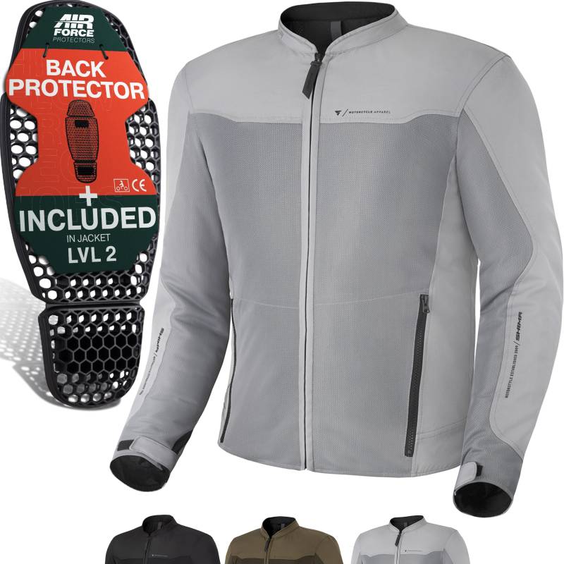 SHIMA OpenAir Motorrad Jacke Herren mit Protektoren AirForce Rückenprotektor Motorradjacke Sommer Mesh Belüftet Textiljacke Schutzjacken Protektorenjacke Luftige (Männer, Grau, S) von SHIMA