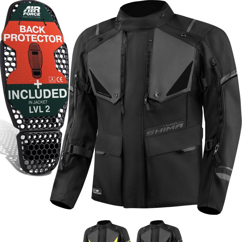 SHIMA RUNNER Motorrad Jacke Herren mit Protektoren AIRFORCE Rückenprotektor Schutzjacken Schulter Protektor Ellbogen Textiljacke Wasserdicht Protektorenjacke Stadt (Männer, Schwarz, XXL) von SHIMA