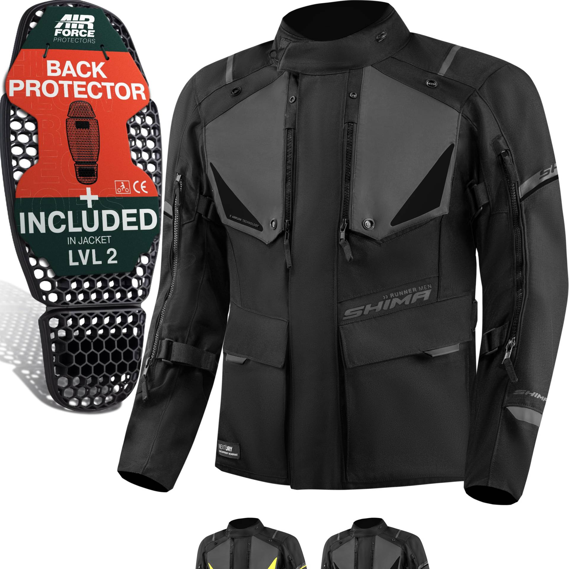 SHIMA RUNNER Motorrad Jacke Herren mit Protektoren AIRFORCE Rückenprotektor Schutzjacken Schulter Protektor Ellbogen Textiljacke Wasserdicht Protektorenjacke Stadt (Männer, Schwarz, XXL) von SHIMA