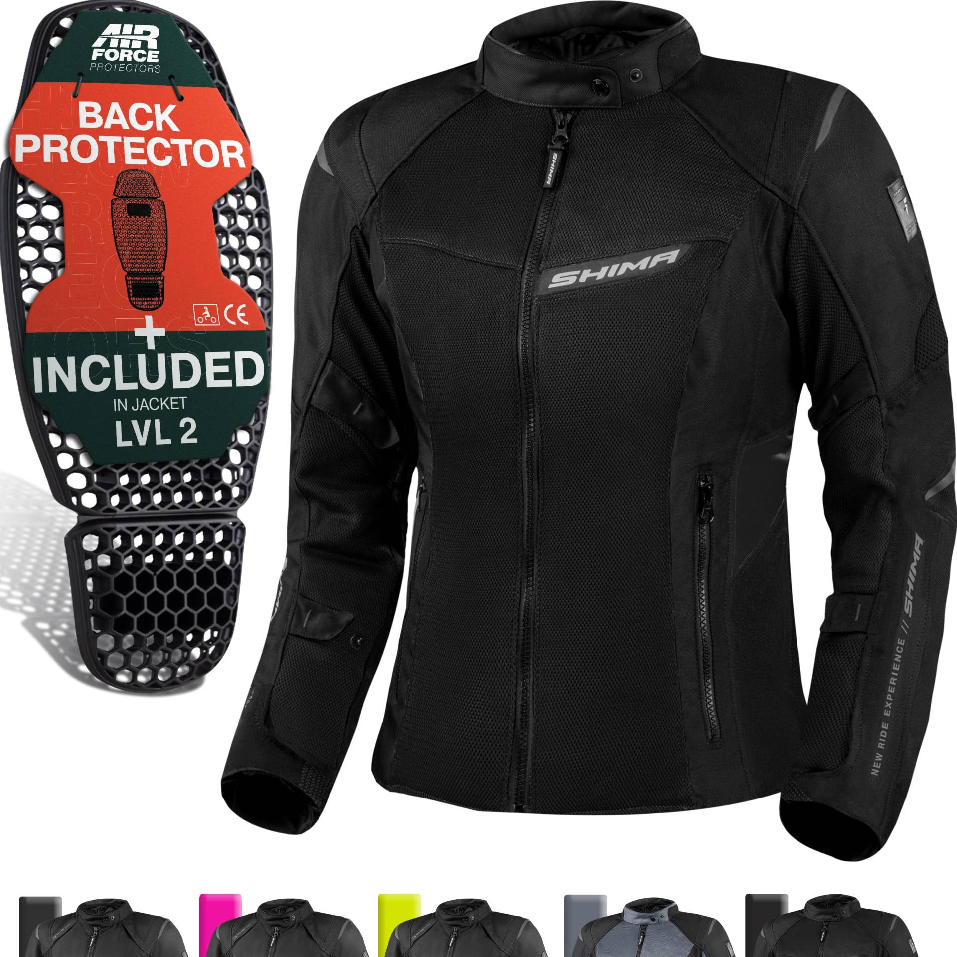 SHIMA RUSH Motorrad Jacke Damen mit Protektoren Mesh | AIRFORCE Rückenprotektor | Sommer Luftig Motorradjacke Wasserdicht Motorradkombi Motorradhose Touren (Schwarz, Frauen, Textilejacke, Größe L) von SHIMA