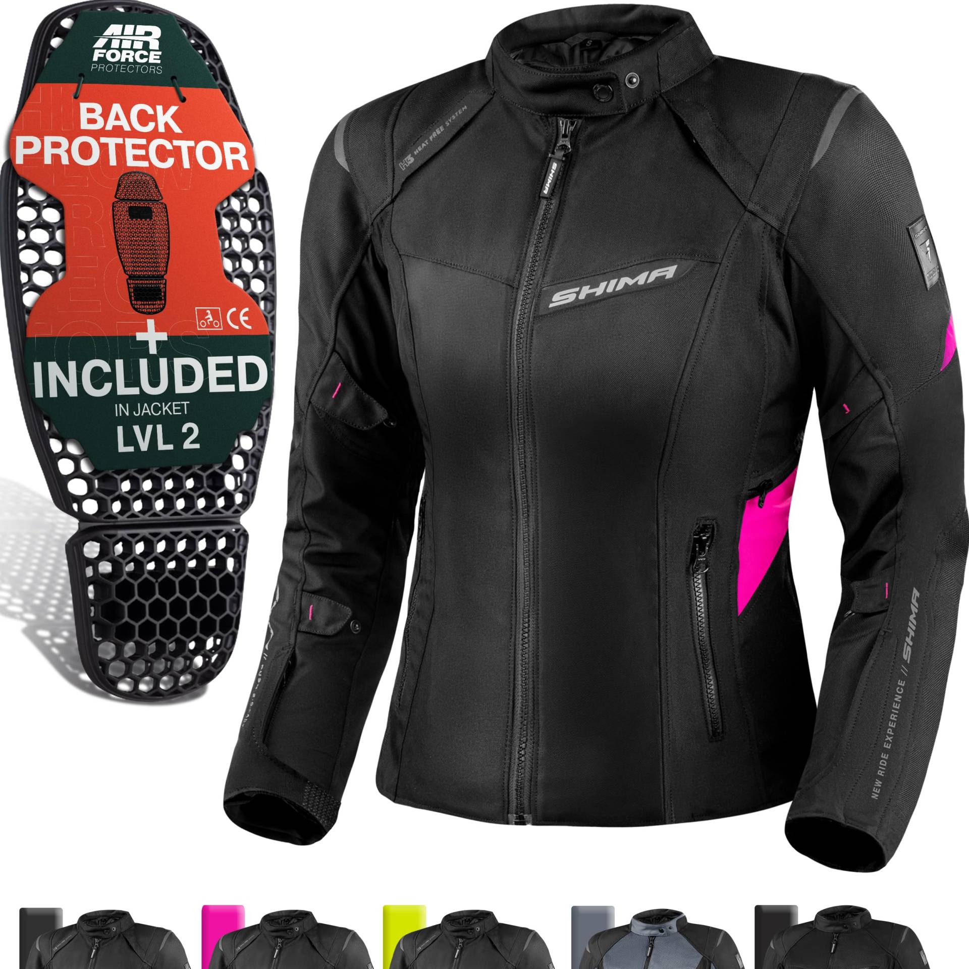 SHIMA RUSH Motorrad Jacke Damen mit Protektoren Textil | AIRFORCE Rückenprotektor | Wasserdicht Motorradjacke Sommer Motorradkombi Motorradhose Mesh Rosa (Pink, Frauen, Schutzjacken, Größe XL) von SHIMA