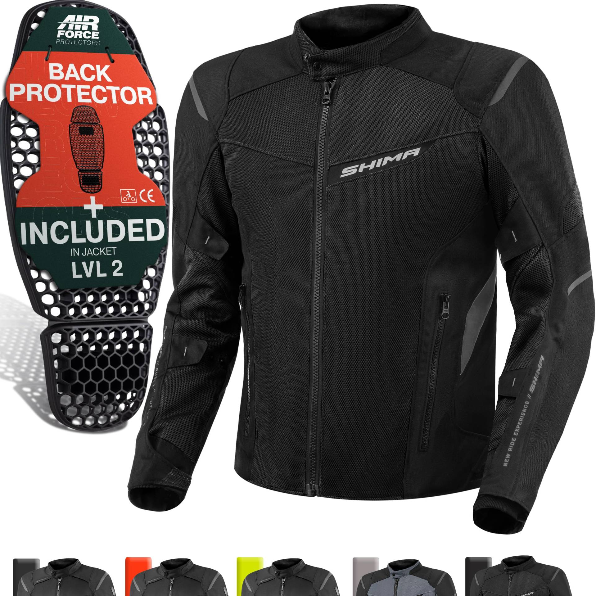 SHIMA RUSH Motorrad Jacke Herren mit Protektoren Mesh | AIRFORCE Rückenprotektor | Sommer Luftig Motorradjacke Wasserdicht Motorradkombi Motorradhose Touren (Schwarz, Männer, Textilejacke, Größe S) von SHIMA