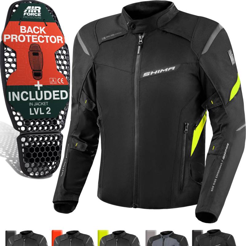 SHIMA RUSH Motorrad Jacke Herren mit Protektoren Textil | AIRFORCE Rückenprotektor | Wasserdicht Motorradjacke Sommer Motorradkombi Motorradhose Mesh Touren (Neon, Männer, Schutzjacken, Größe M) von SHIMA