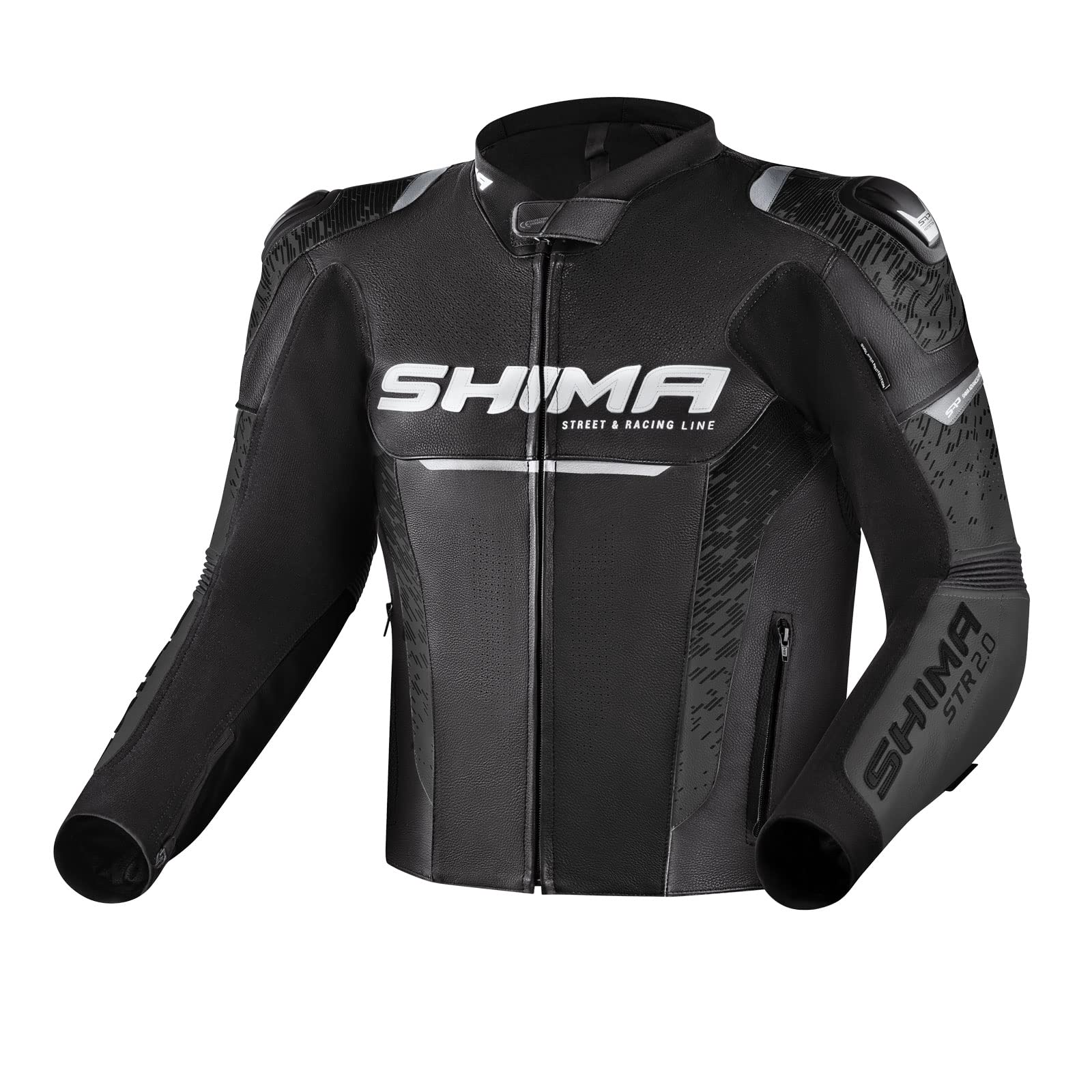 SHIMA STR 2.0 Motorradjacke - Leder, Sportjacke mit Rücken-, Ellbogen- und Schulterprotektoren, perforiertes Leder, für 2-teiligen Kombi (Schwarz, 48) von SHIMA