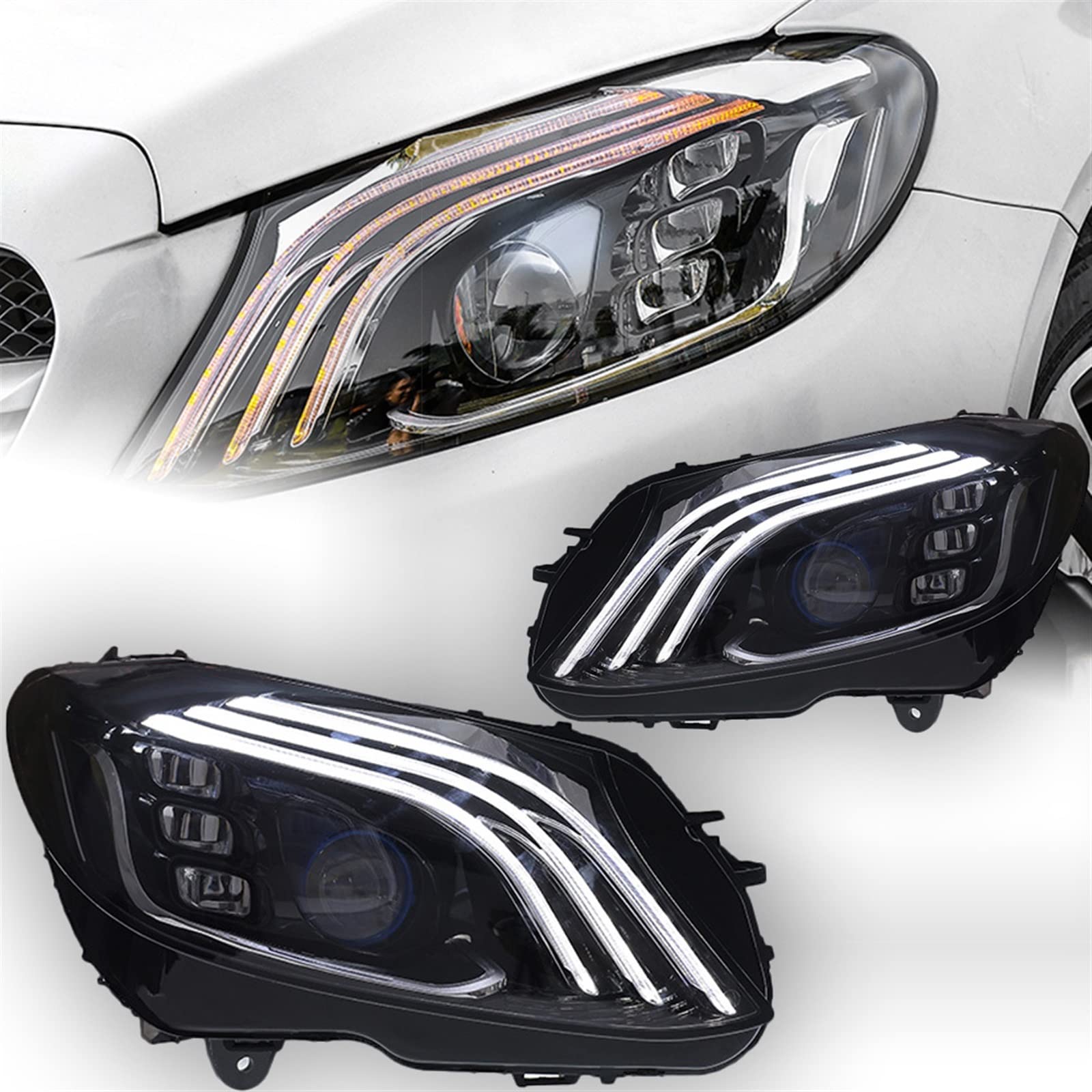 SHOLIRMET LED-Scheinwerfer-Projektorobjektiv, kompatibel mit Benz W205 2014–2020 C180 C200 C260 C300 DRL(Halogen) von SHOLIRMET