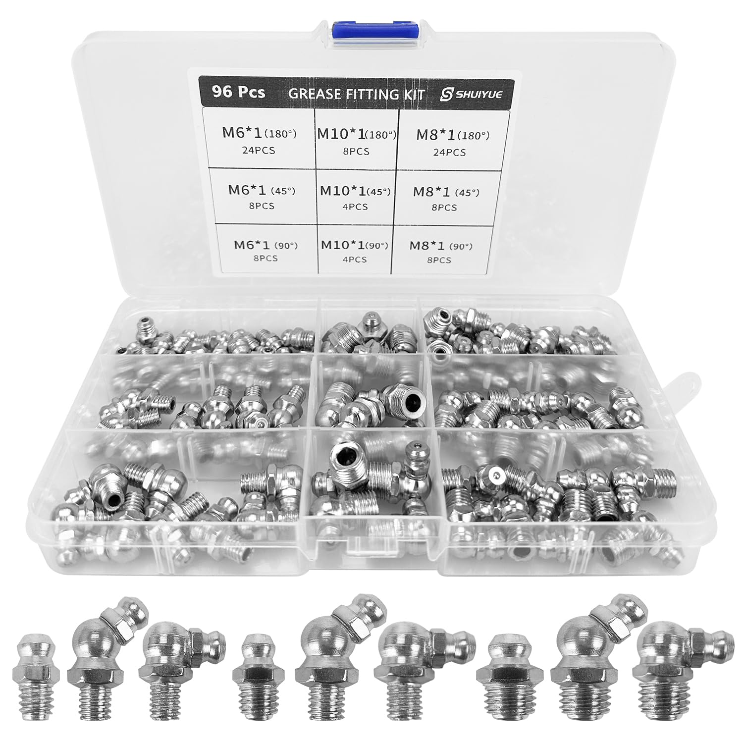 SHUIYUE 96 StüCk Schmiernippel Sortiment Kit-M6/M8/M10 Gerade Und 90 Grad Und 45 Grad, Hydraulik Fettnippel, Kegelschmiernippel, Hydraulik Fettnippel, Abschmiernippel, Fettpresse FüR Schmiernippel von SHUIYUE