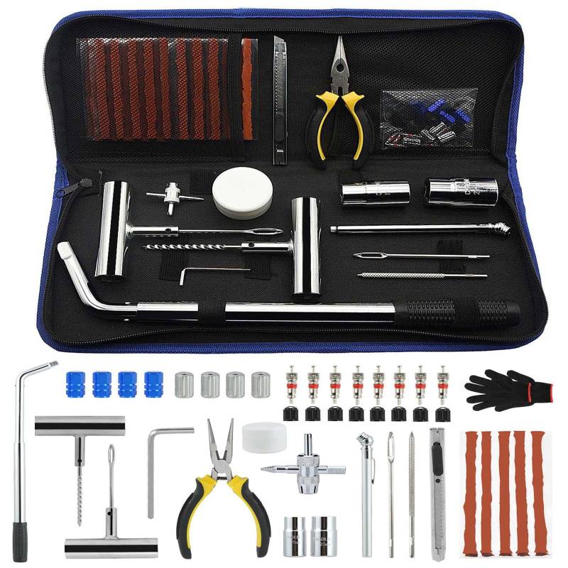 SHYOSUCCE drehmomentschlüssel Auto,reifenwechsel Werkzeug, 80 Stück Reifenreparaturset Flat Reparatur Set mit Reifendruckprüfer und Handschuhe für Auto, Motorrad, ATV, Jeep, LKW von SHYOSUCCE