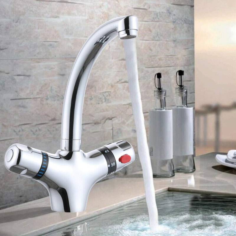 Wasserhahn 2-Griff Waschtischarmatur Bad Retro Thermostat Mischbatterie für Küche Waschraum Bad von SHZICMY