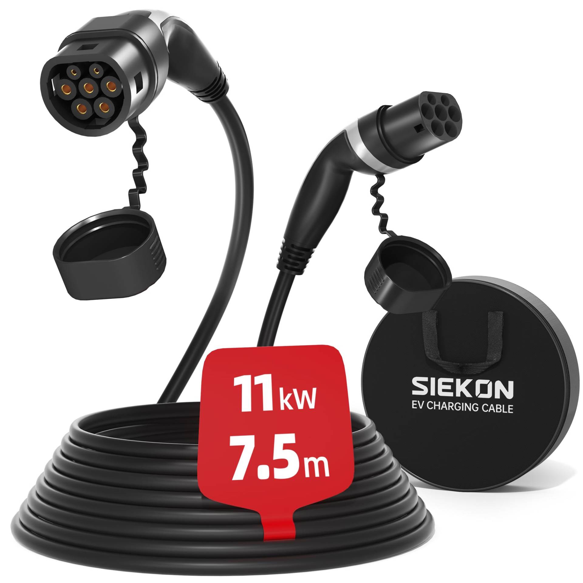 SIEKON Typ 2 Ladekabel für Elektroauto, 11kW 7,5M 16A 3-Phasig, Modus 3 EV-Ladekabel mit Tragetasche Typ 2 auf Typ 2 für EV & PHEV für Model S/X/Y/3, ID.3, ID.4, ID.5, E-Tron, e-208 usw von SIEKON