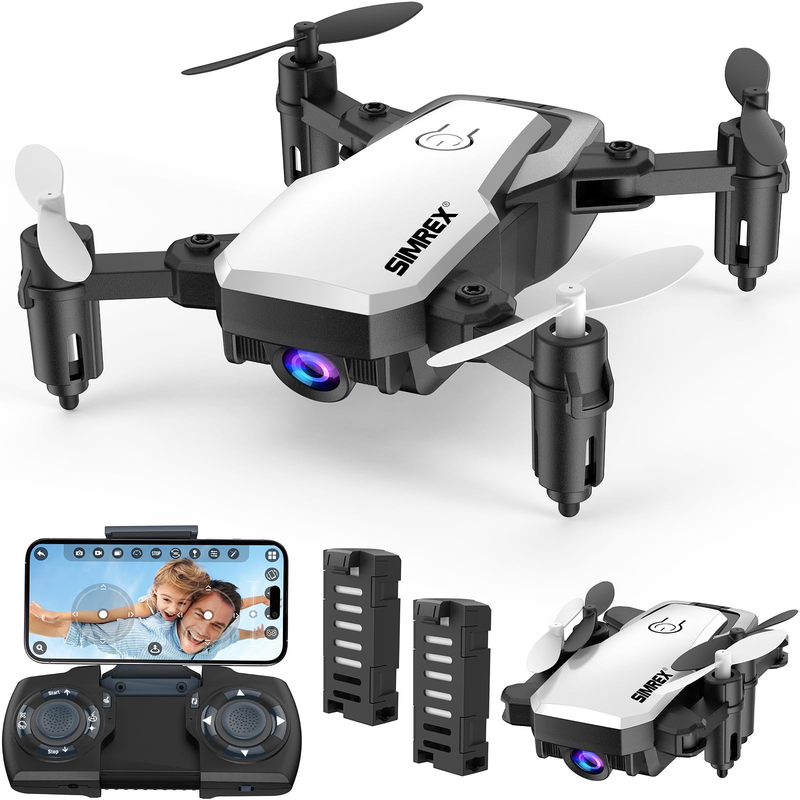 SIMREX X300C Mini Drohne mit Kamera 720P HD FPV, RC Quadcopter faltbar, Höhenhaltung, 3D-Flip, Headless-Modus, Schwerkraftkontrolle und 2 Batterien, Geschenke für Kinder, Erwachsene, Anfänger, Weiß von SIMREX