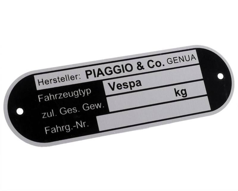 Typenschild PIAGGIOundCO. Genova schwarz Aluminium geätzt 2 Nieten 80x25x0,6mm kompatibel für VESPA 125 GTR 125 VNL2T 2T AC 68-78, PK 50 XL/Elestart 50 V5X3T 2T AC 85-90 von SIP