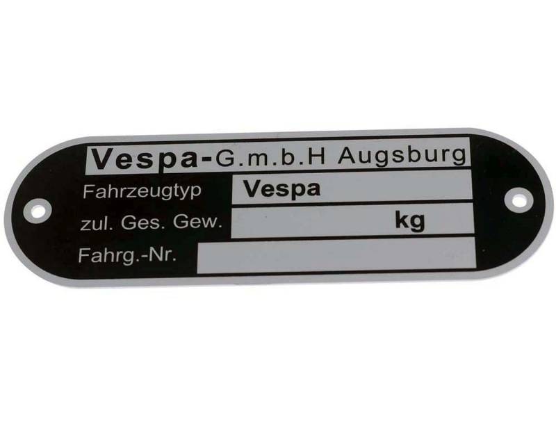 Typenschild Vespa GmbH Augsburg, für Vespa alle dt. Modelle 62-67 schwarz, Aluminium geätzt, 80x25x1mm für VESPA 150 (T4/150) (D) 150 VGLA-B 2T AC 59-65 von SIP