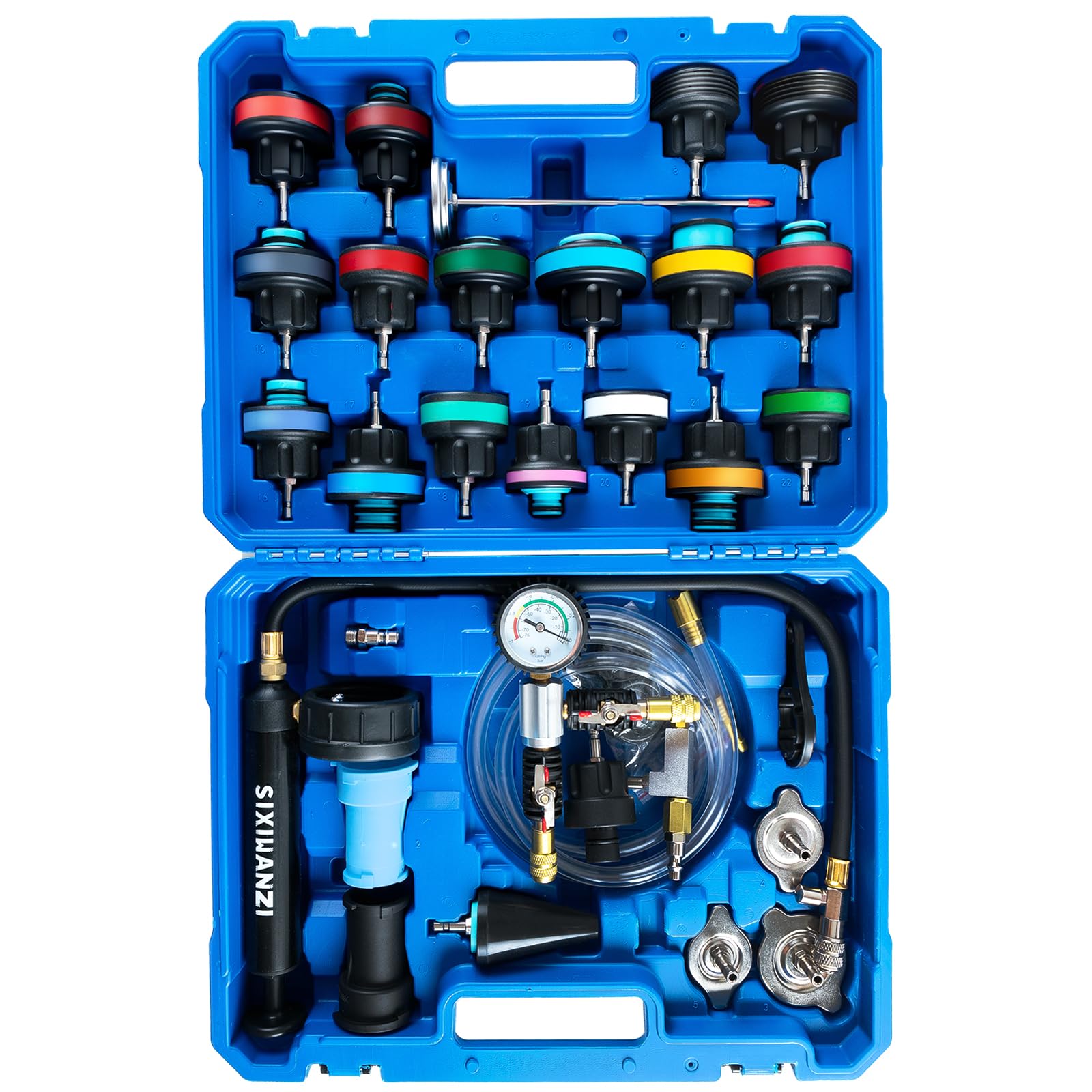 SIXIWANZI 29pcs Kältemitteldruckprüfer und Vakuum Nachfüllset mit 24 Heizkörperadaptern, Universal Kühlerdruckprüfer-Kit für Kühlsystem SIXIWANZI 29pcs Kältemitteldruckprüfer und Vakuum Nachfüllset mit 24 Heizkörperadaptern, Universal Kühlerdruckprüfer-Kit für Kühlsystem von SIXIWANZI