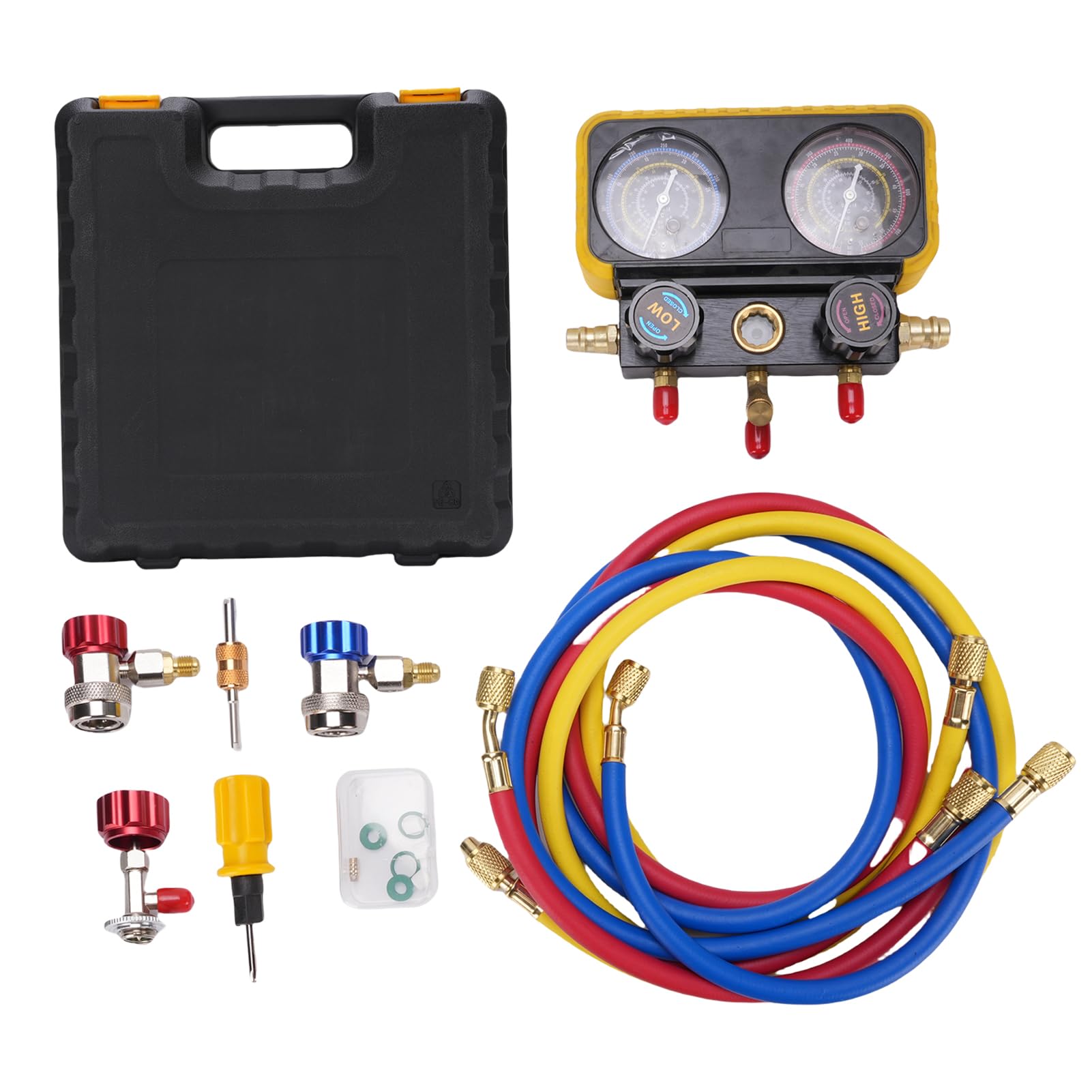 CAR AC Set mit 3 Schläuchen Austausch für R410A R32 R134A R22 -Kältemittel, Einschließlich Durchflussmesser, Sicherheitsventil, Adapter, Tippen, Ladewerkzeuge von SIXRUN