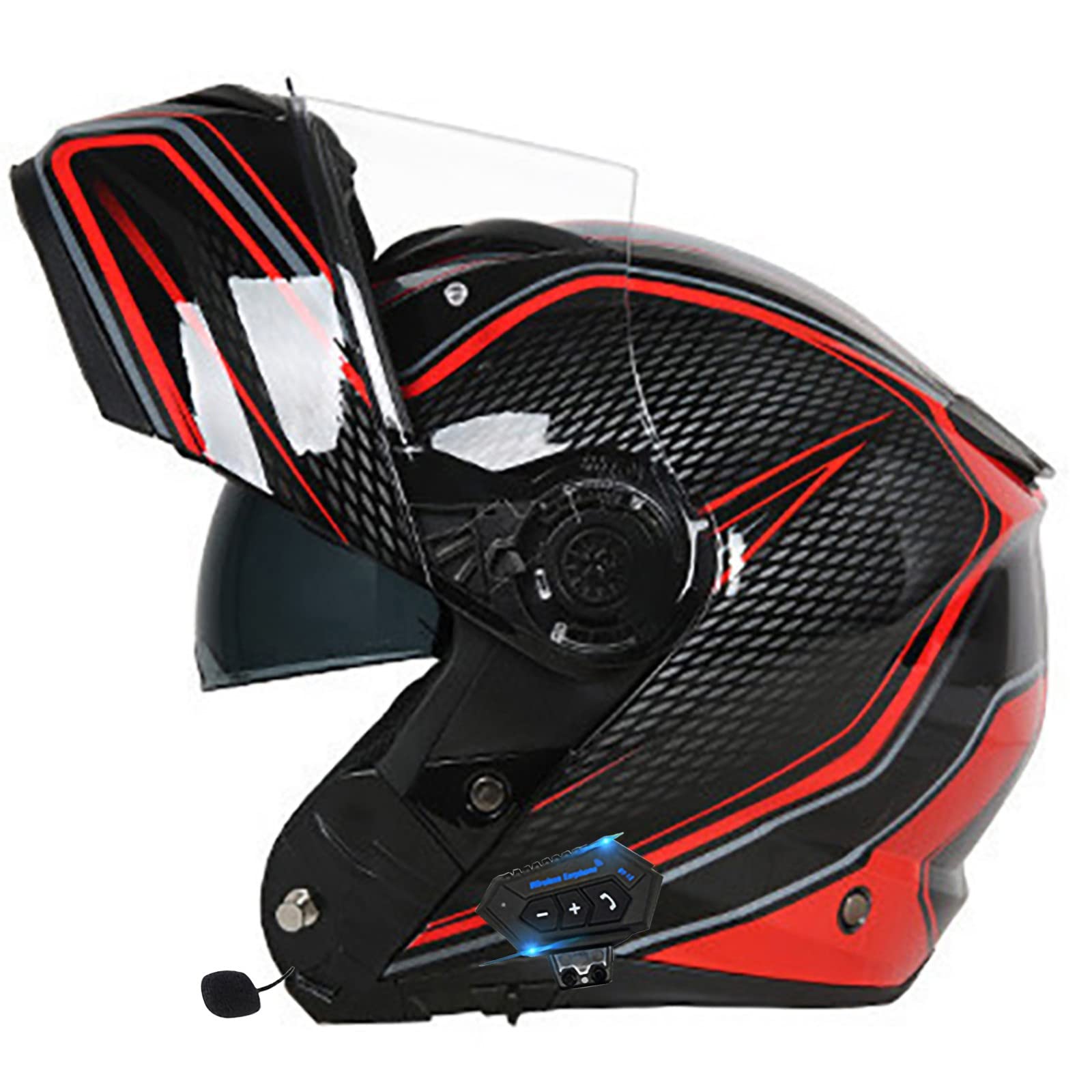 Motorrad-Bluetooth-Helm,Männlicher Visier-Doppellinsen-Vollhelm,Kabelloser Walkie-Talkie-Flip-Top-Anti-Nebel-Helm,Doppeltes Objektiv ECE Zertifiziert Automatische Beantwortung Red,X-Large von SJAPEX