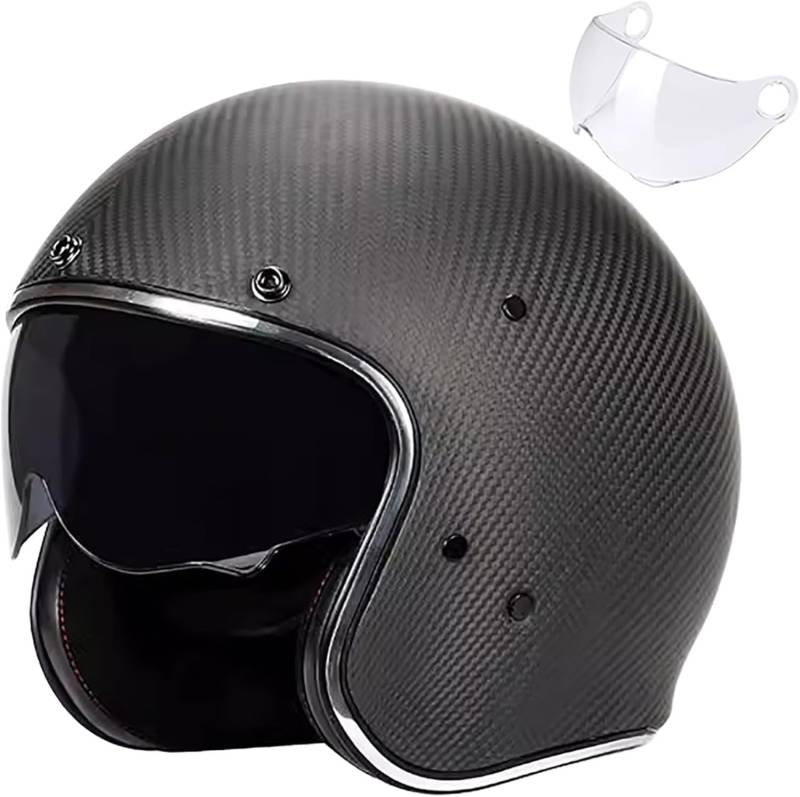 Retro 3/4-Motorradhelm Carbon Jet-Helm Motorrad-Helm Vintage Open Face Motorradhelm mit Visier ECE-Zulassung für Scooter Moped ATV Street Bike 1,XL=61CM von SJAPEX