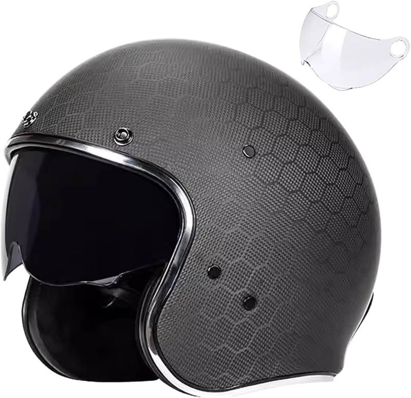 Retro 3/4-Motorradhelm Carbon Jet-Helm Motorrad-Helm Vintage Open Face Motorradhelm mit Visier ECE-Zulassung für Scooter Moped ATV Street Bike 2,XXL=62CM von SJAPEX