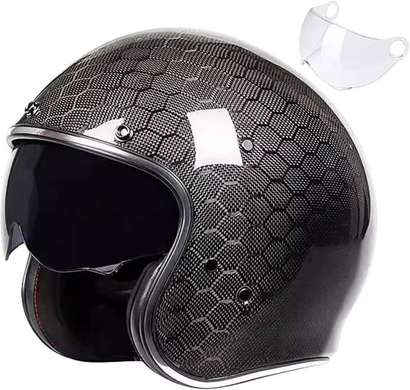Retro 3/4-Motorradhelm Carbon Jet-Helm Motorrad-Helm Vintage Open Face Motorradhelm mit Visier ECE-Zulassung für Scooter Moped ATV Street Bike 3,XL=61CM von SJAPEX
