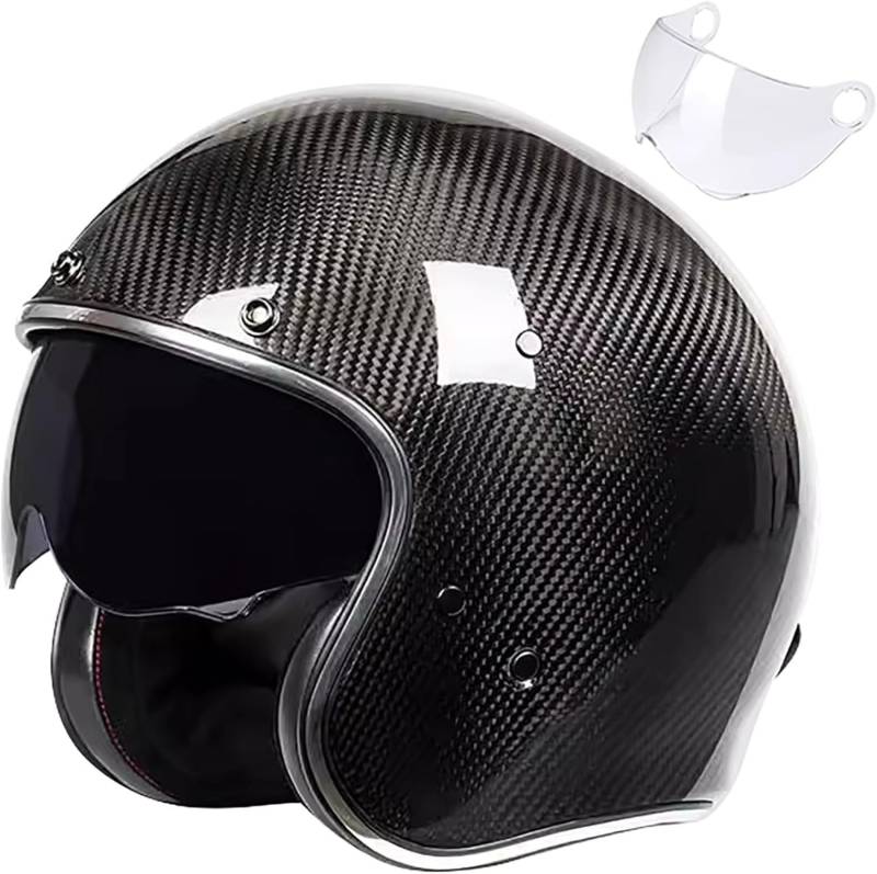 Retro 3/4-Motorradhelm Carbon Jet-Helm Motorrad-Helm Vintage Open Face Motorradhelm mit Visier ECE-Zulassung für Scooter Moped ATV Street Bike 4,L=59-60CM von SJAPEX