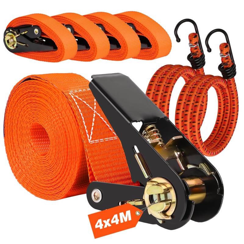 SKERITO Spanngurte mit Ratsche with 2 Gummibänder Spanngurte 4m 4 Stück Spanngurt TÜV G/S Zertifiziert Starkes und Wetterfestes Zurrgurte mit Ratsche 800 kg Belastbarkeit Orange von SKERITO