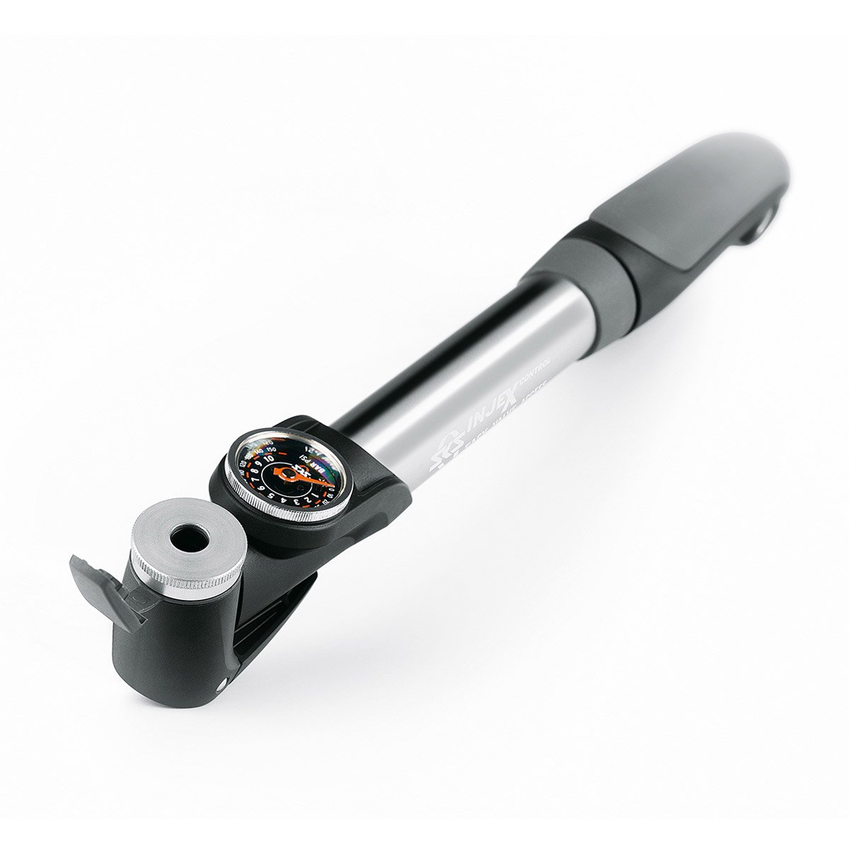 SKS GERMANY INJEX CONTROL Minipumpe (Luftpumpe für alle Ventiltypen, T-Griff mit Teleskopfunktion, Manometer, Ventilklemmhebel, max. Druck: 10 bar/144 PSI), silber von SKS GERMANY