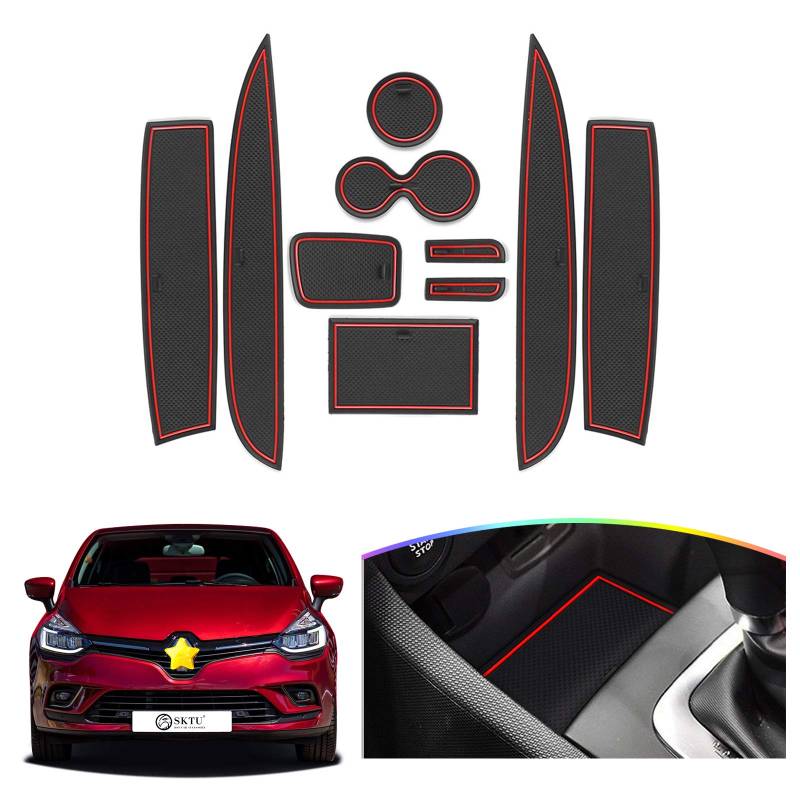 SKTU Clio 4 2013-2019 Gummimatte Türnaht rutschfeste Matte Getränkehalter Matte Aufbewahrungsbox rutschfeste Matte Konsolenmatte (Rot) von SKTU