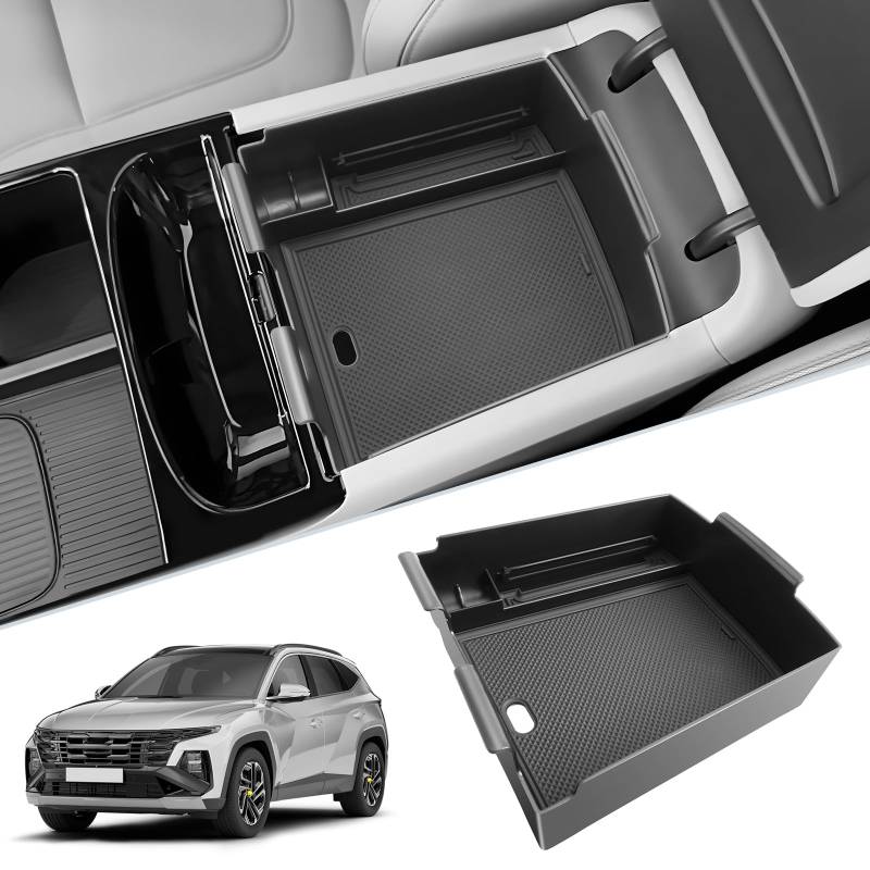 SKTU Mittelarmlehne Organizer kompatibel mit Hyundai Tucson NX4 2025 Elektronische Schaltung Aufbewahrungsbox für Mittelkonsole Armlehne mit Antirutsch-Auflage von SKTU