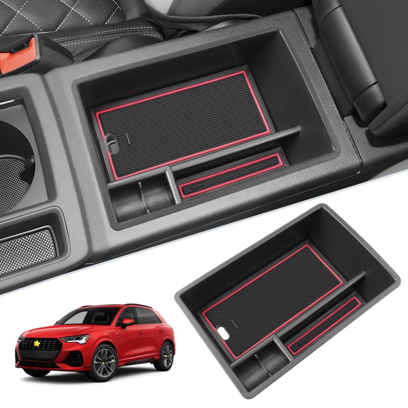 SKTU Aufbewahrungsbox kompatibel mit Audi Q3 2019-2023 2024 Handschuhfach Armlehne Multifunktions-Aufbewahrungsbox für Mittelkonsolen mit Anti-Rutsch-Auflage von SKTU