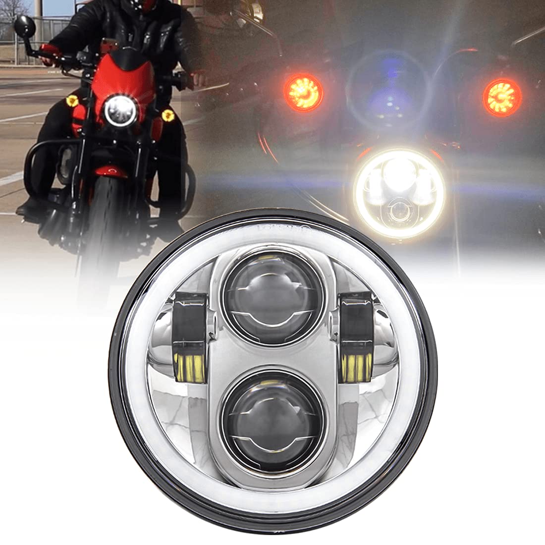 SKUNTUGUANG 5,5-Zoll-Rund-LED-Motorrad-Scheinwerfer mit 45W Leistung und einem Halo-Engel-Augen-Scheinwerfer. von SKUNTUGUANG