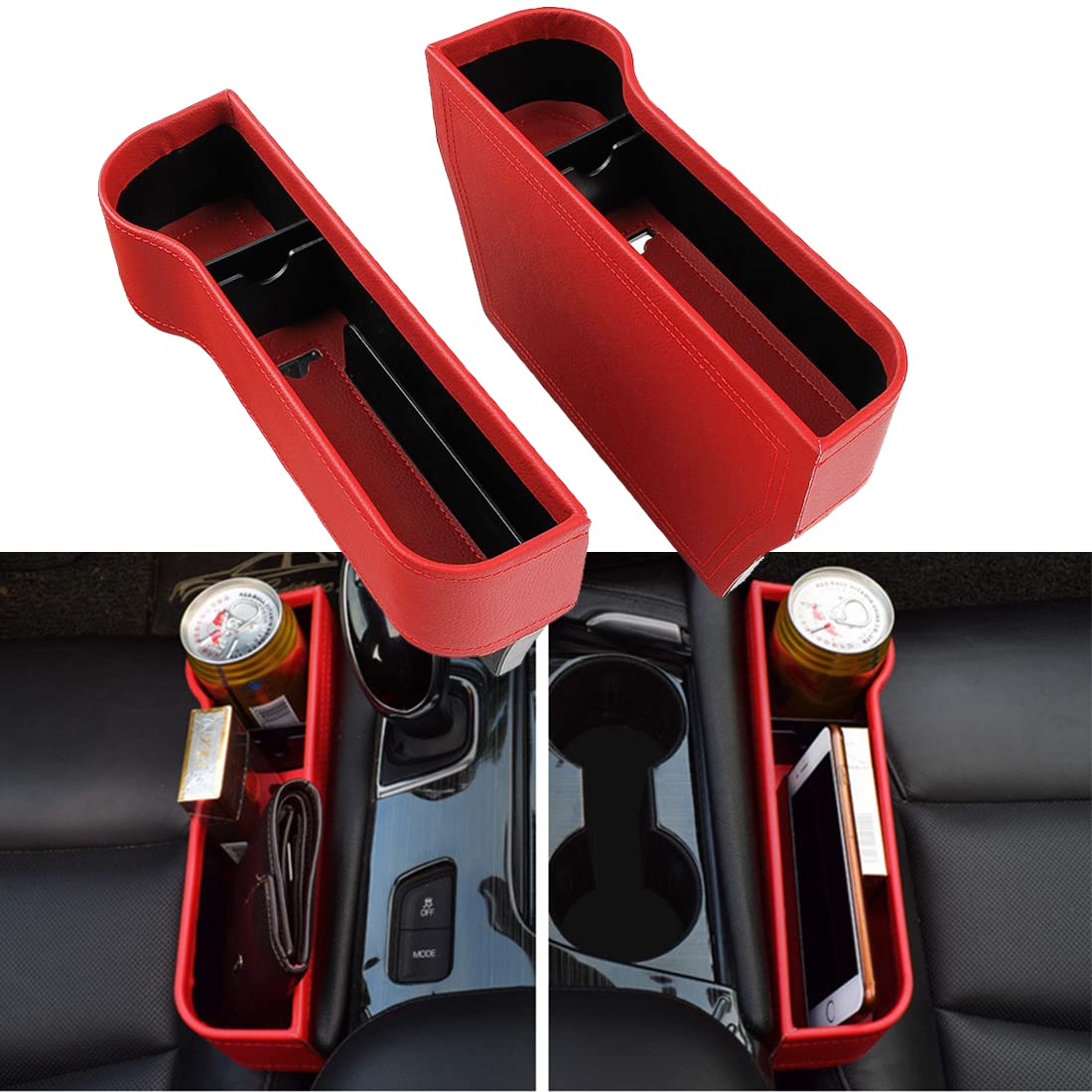 2 PCS Seitentaschen-Organizer - Autositzfüller Gap Space Console Aufbewahrungsbox Flaschenbecherhalter Münzsammler mit Loch für USB-Kabel, Car Interior Zubehör (rotes Leder) von SKUNTUGUANG