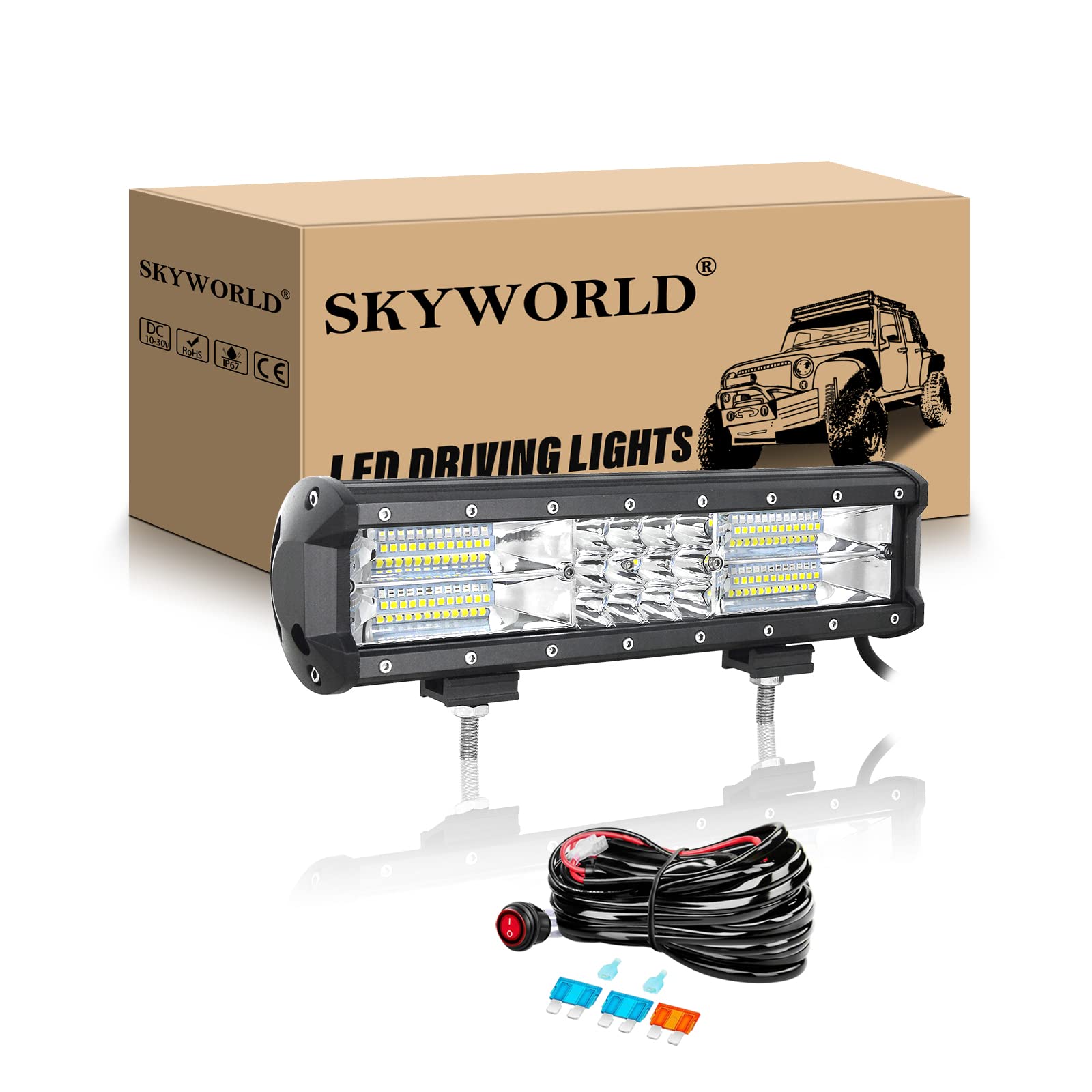 SKYWORLD 12 Zoll 32cm 180W LED Arbeitsscheinwerfer Bar mit 12V Kabelbaum, LED lichtleiste kfz Offroad Beleuchtung Wasserdichte für Auto Traktor SUV UTV ATV LKW 4x4, 6000K Weiß Nebelscheinwerfer von SKYWORLD