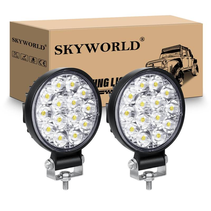 SKYWORLD 12V led strahler kfz, 2pcs 3.2 Zoll 42W Round Mini Spot scheinwerfer auto offroad nebelscheinwerfer für SUV ATV Traktor LKW 4x4, 6000K Weiß, led arbeitsscheinwerfer, led arbeitslicht von SKYWORLD